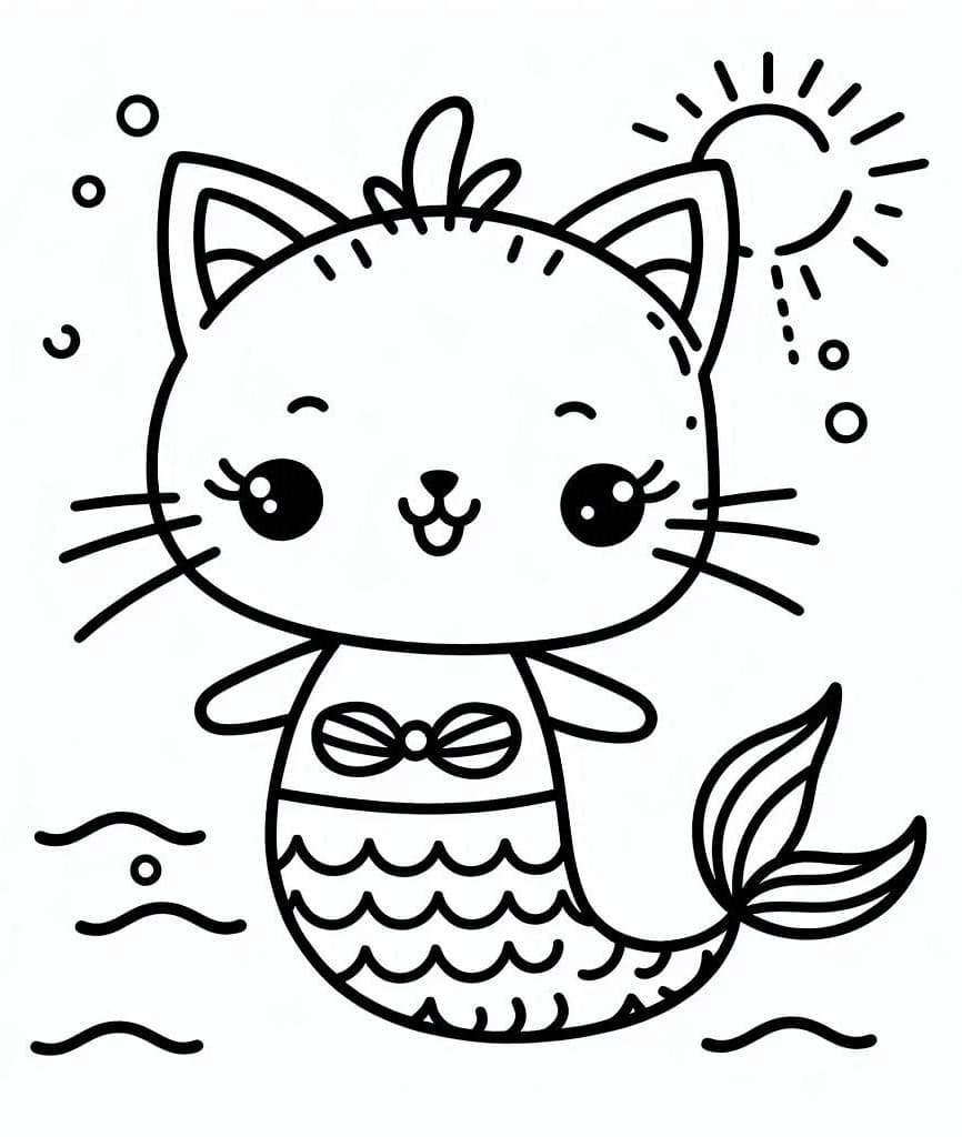 Desenho de Gato Sereia Alegre para Colorir