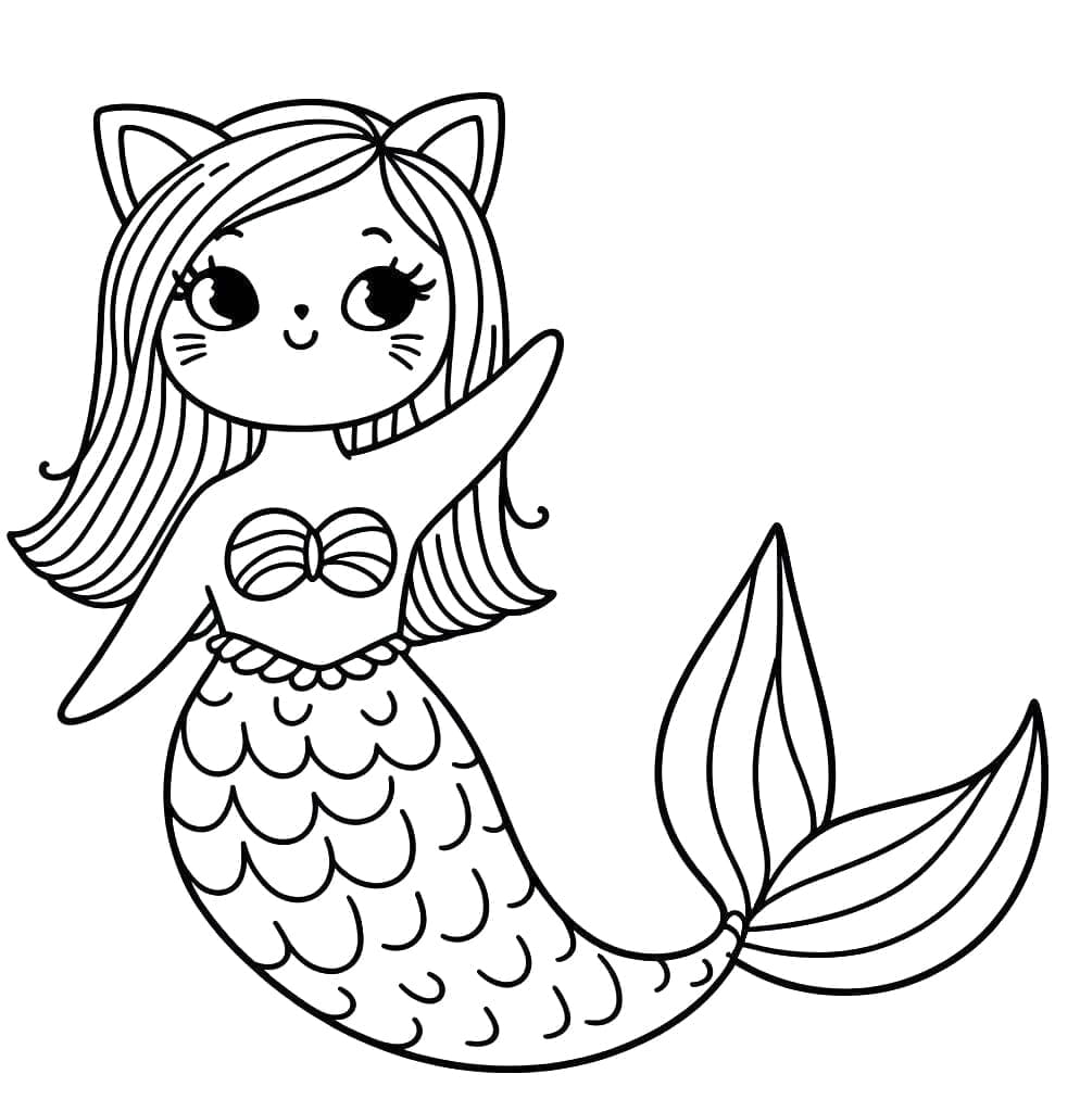 Desenho de Gato Sereia Amigável para Colorir