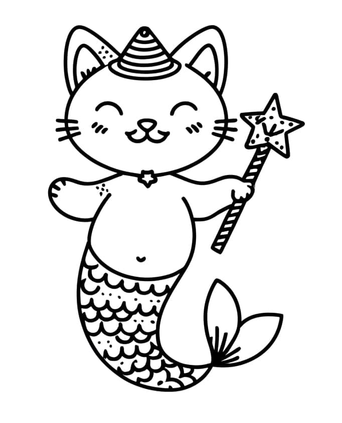 Desenho de Gato Sereia Feliz para Colorir