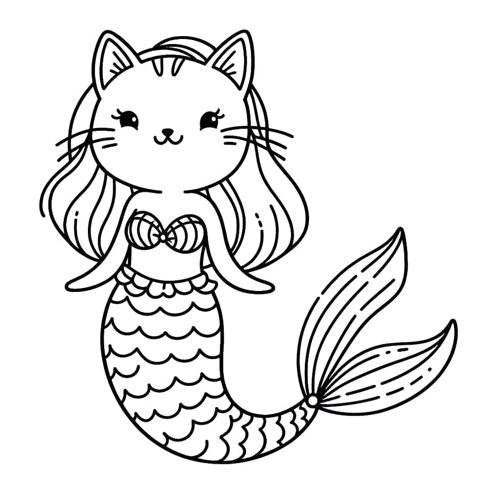 Desenho de Gato Sereia Grátis para Crianças para Colorir