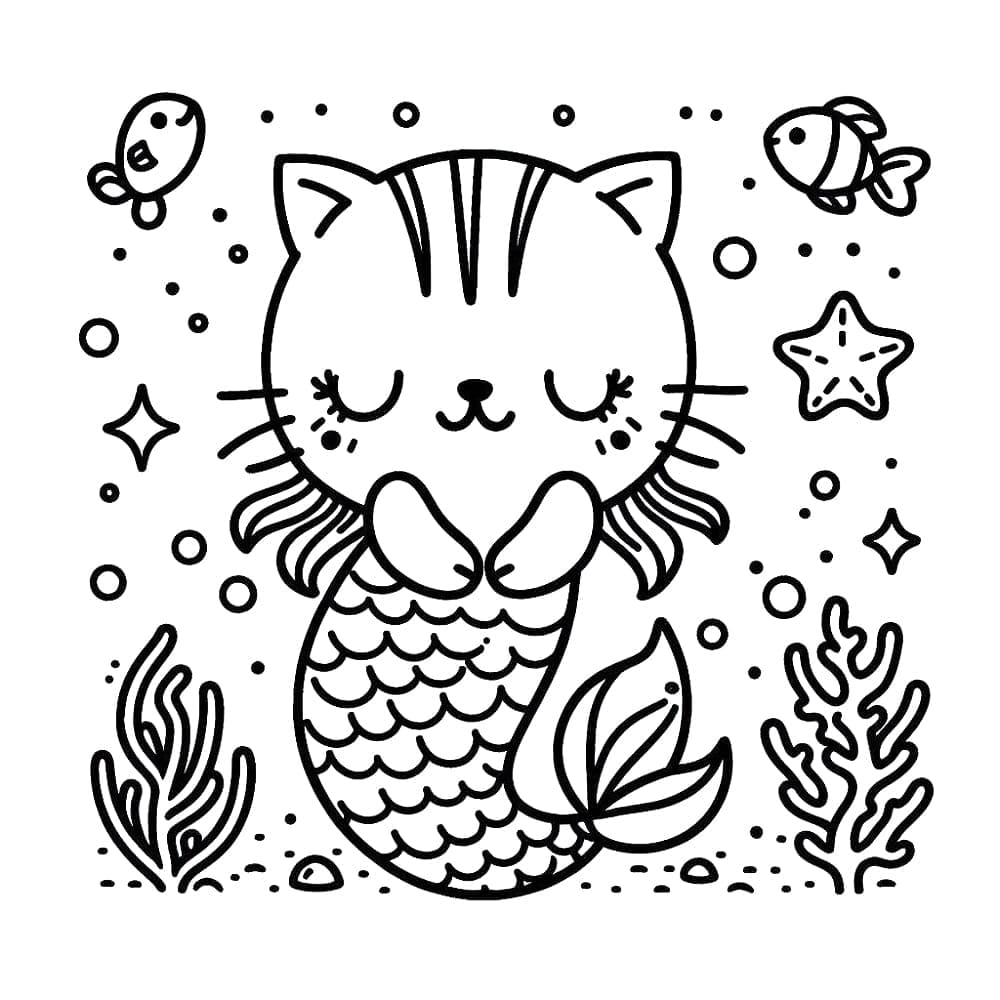 Desenho de Gato Sereia Grátis para Colorir