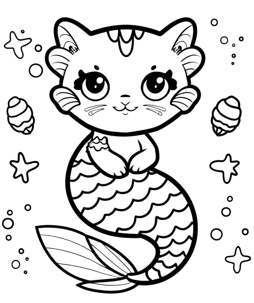Desenho de Gato Sereia Imprimivel para Colorir