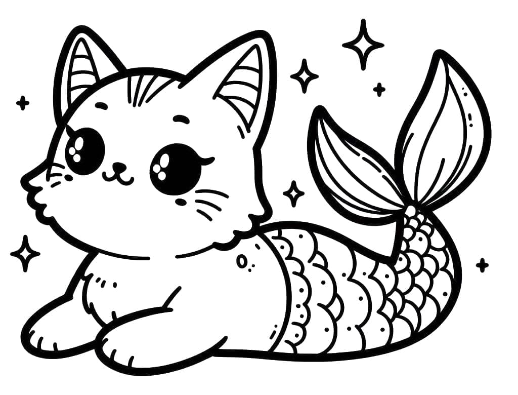 Desenho de Gato Sereia Kawaii para Colorir