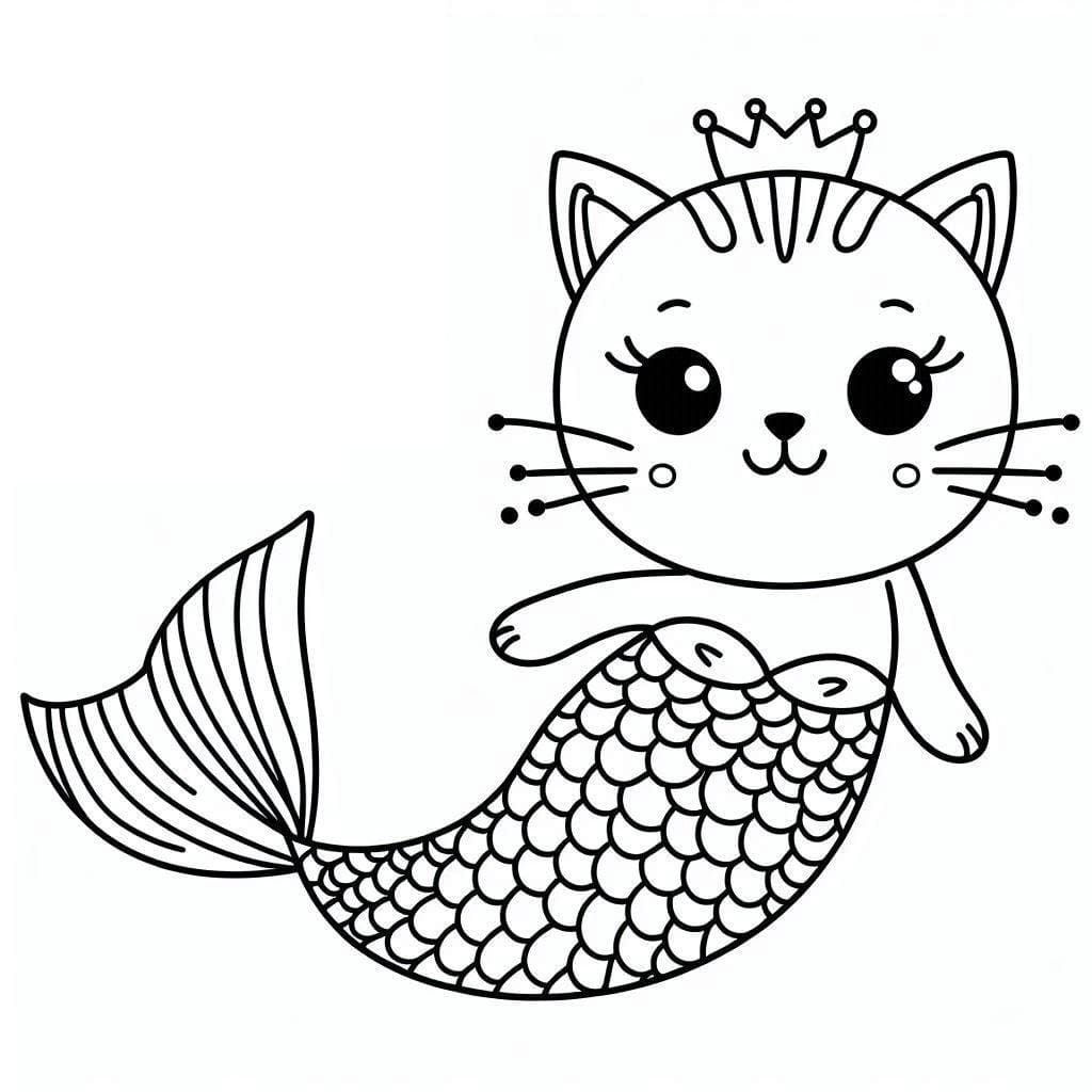 Desenho de Gato Sereia com Corôa para Colorir