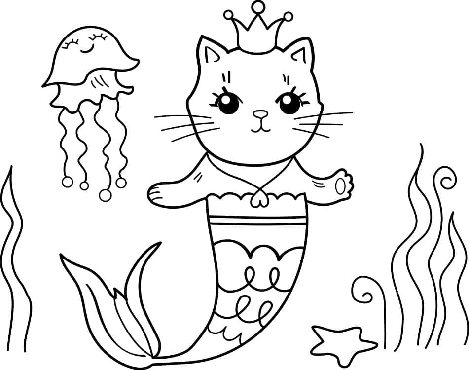 Desenho de Linda Gata Sereia para Colorir
