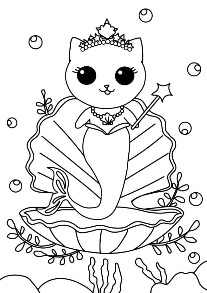 Desenho de uma Gata Sereia Fofa para Colorir