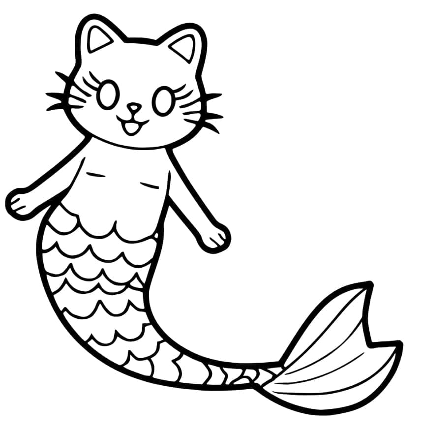Desenho de uma Gatinha Sereia Fofa para Colorir