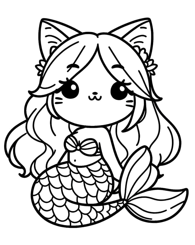 Desenho de uma Gatinha Sereia Muito Fofa para Colorir