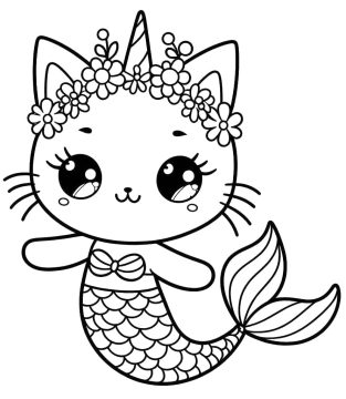 Desenho de Uma Gatinha Sereia para Colorir