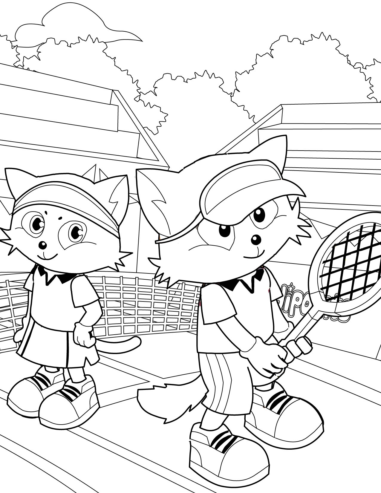 Desenho de Dois Gatos Jogadores de Tênis para Colorir
