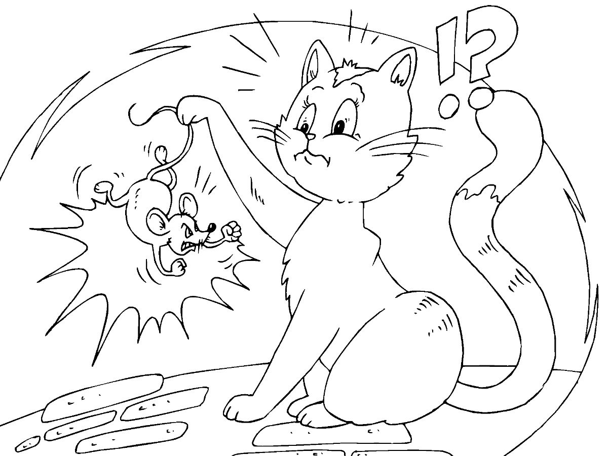 Desenho de Gato Capturando Ratinho em Casa para Colorir