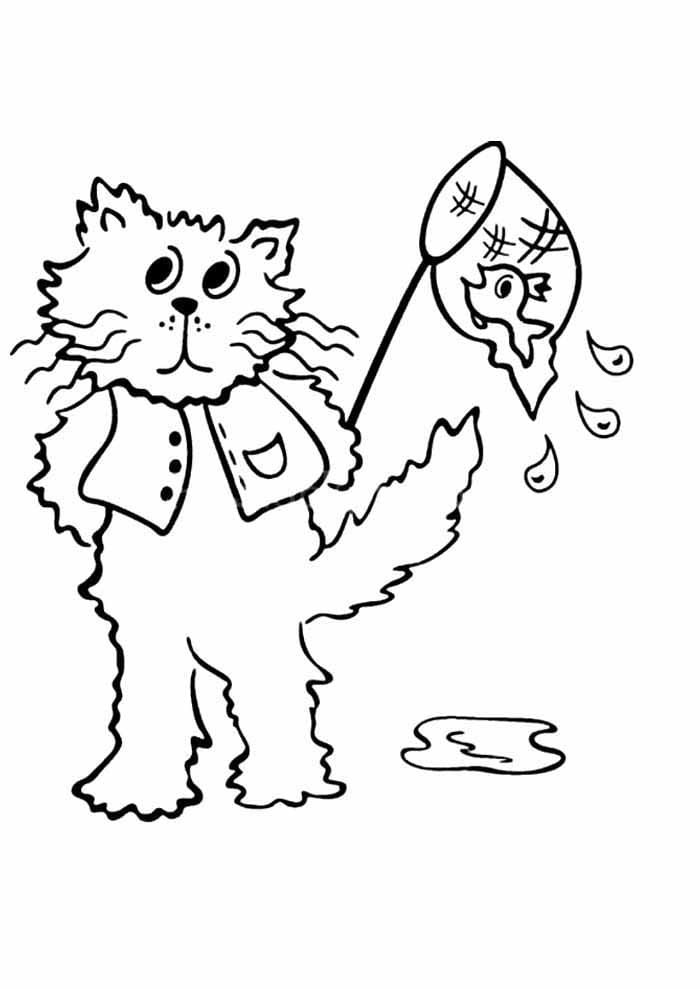 Desenho de Gato com um Peixe para Colorir