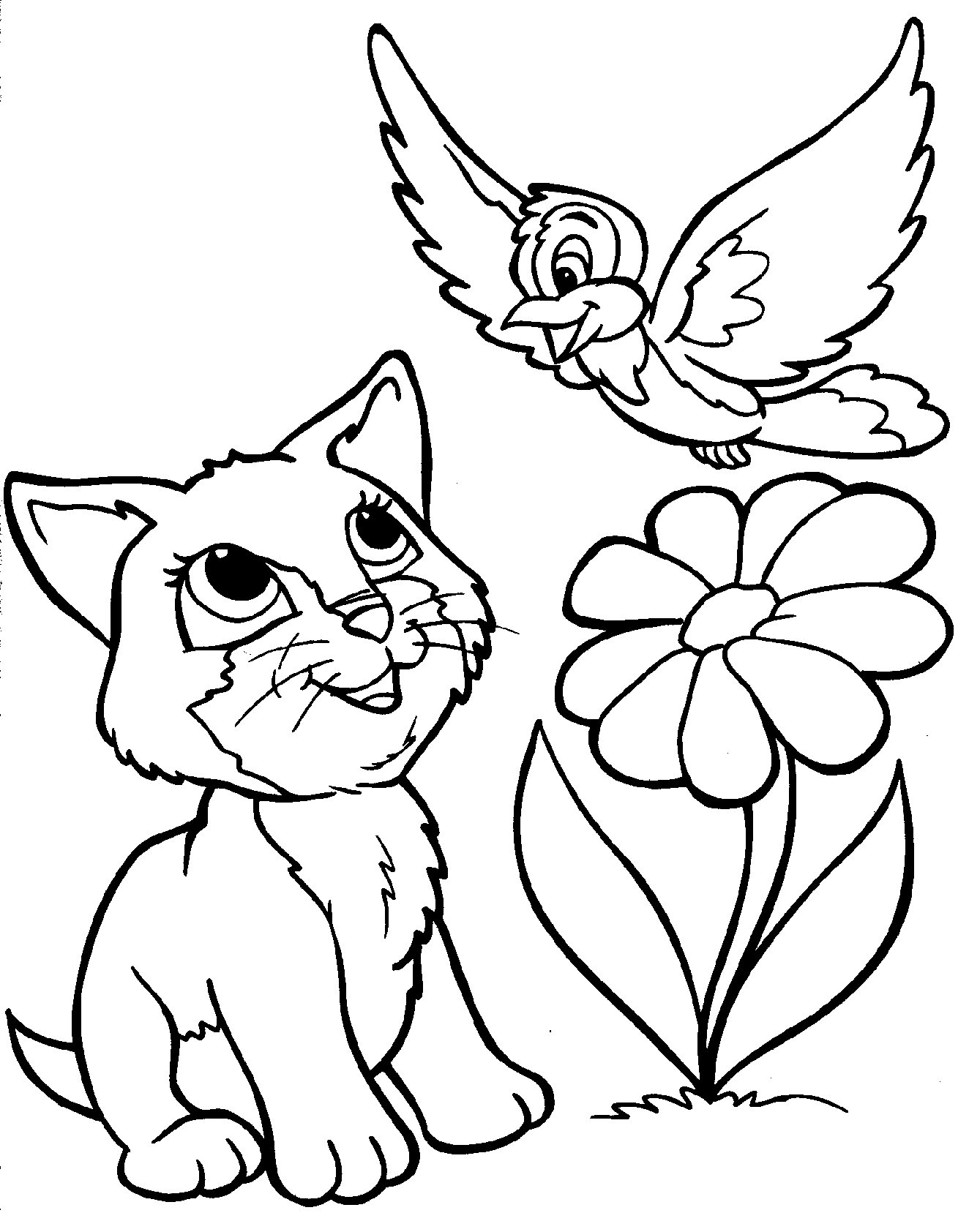 Desenho de Gato e Pássaro Brincando no Jardim para Colorir