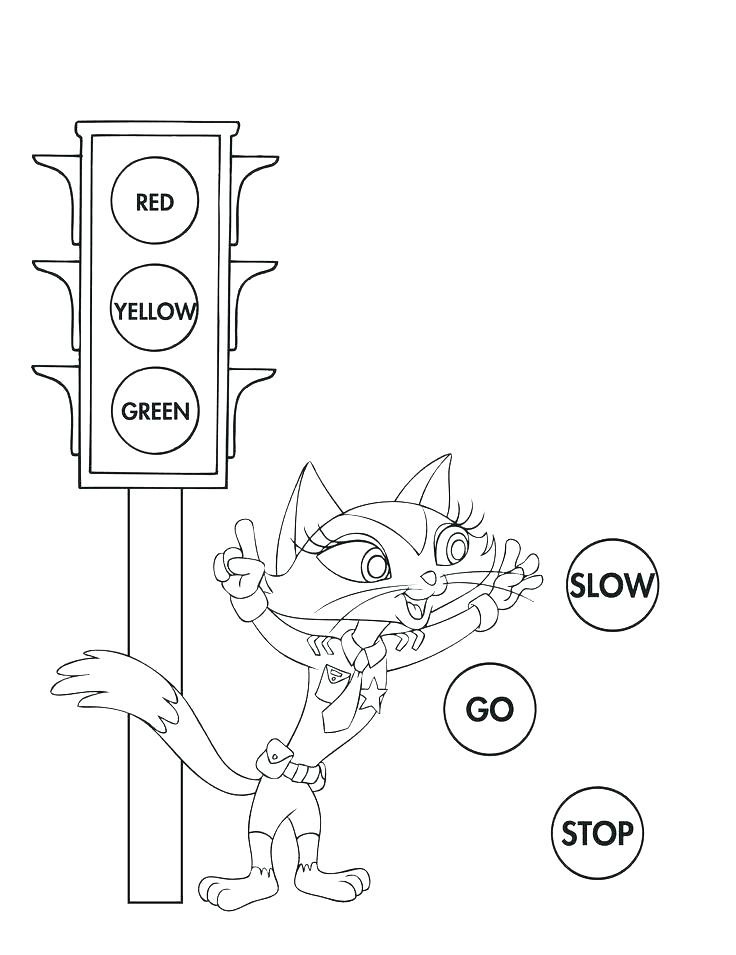 Desenho de Gato e Semáforo de Trânsito para Colorir