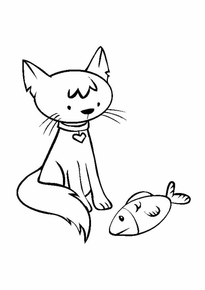 Desenho de Gato e um Peixe para Colorir
