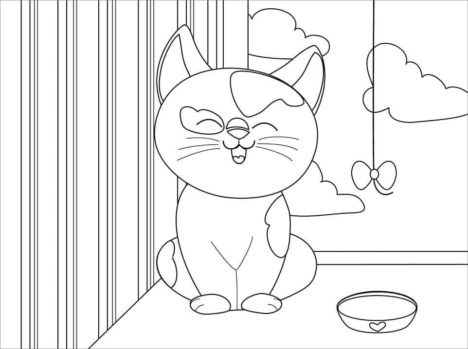 Desenho de Gato Esperando a Hora de Comer para Colorir