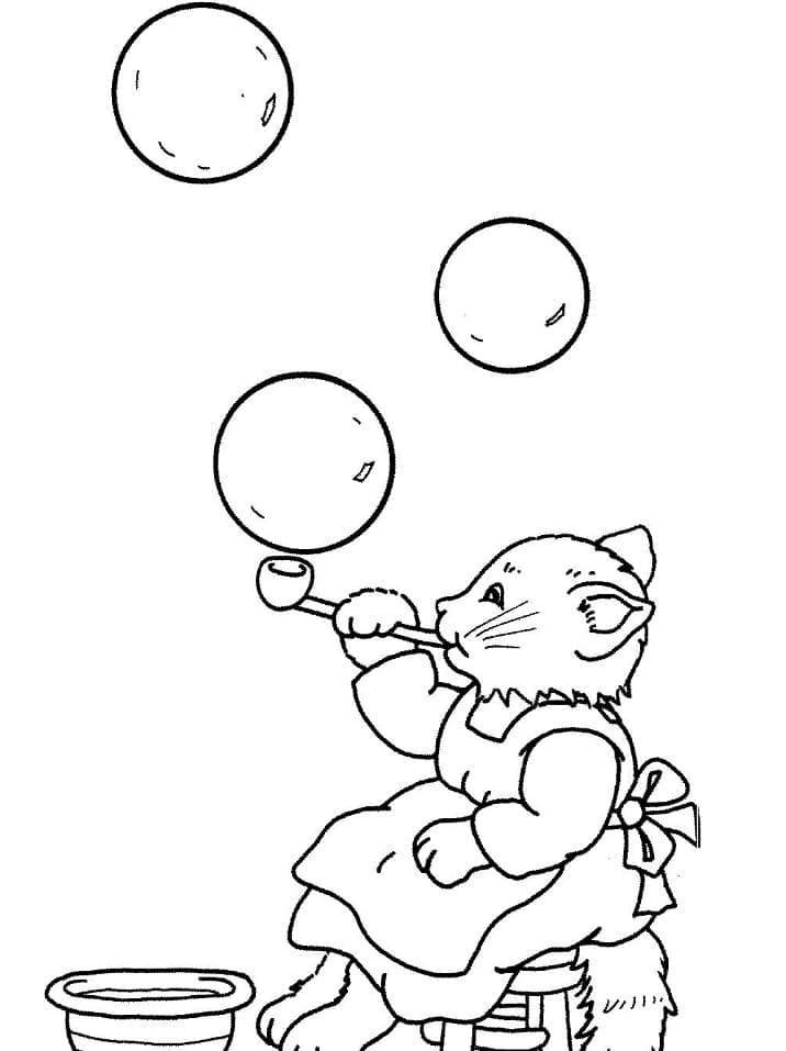 Desenho de Gato Fofo Brincando com Bolas de Sabão para Colorir