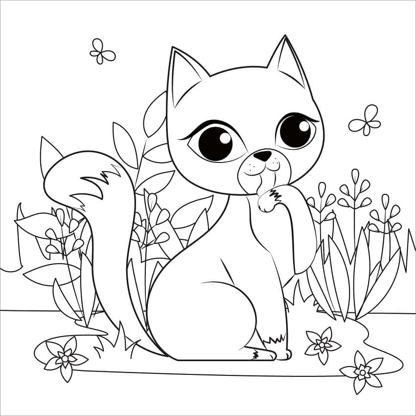 Desenho de Gato Muito Fofo no Jardim para Colorir