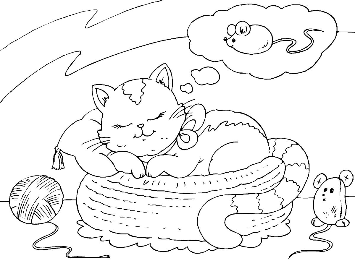 Desenho de Gato Sonhando com Seu Amigo Ratinho para Colorir