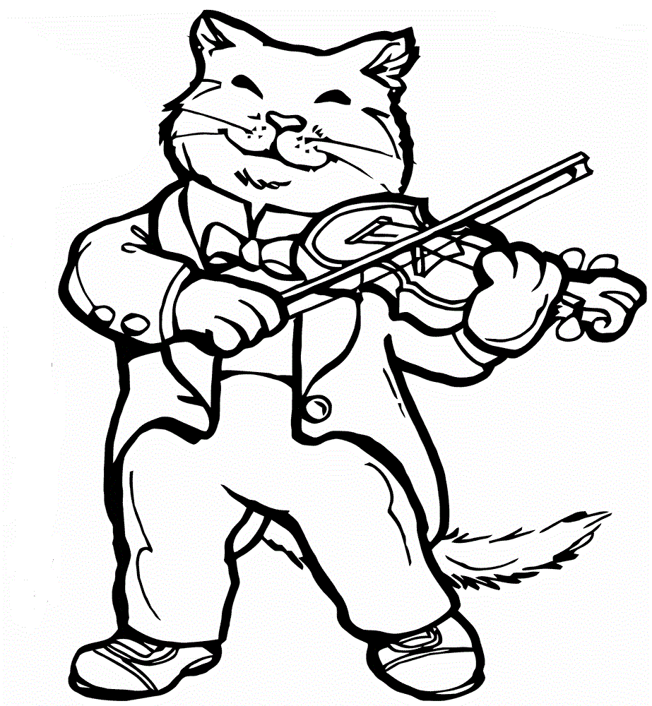 Desenho de Gato Tocando Violino em Apresentação para Colorir