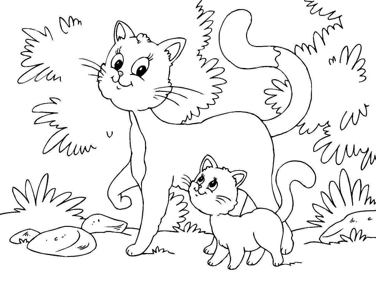 Desenho de Mãe Gato e Seu Filhote Passeando para Colorir