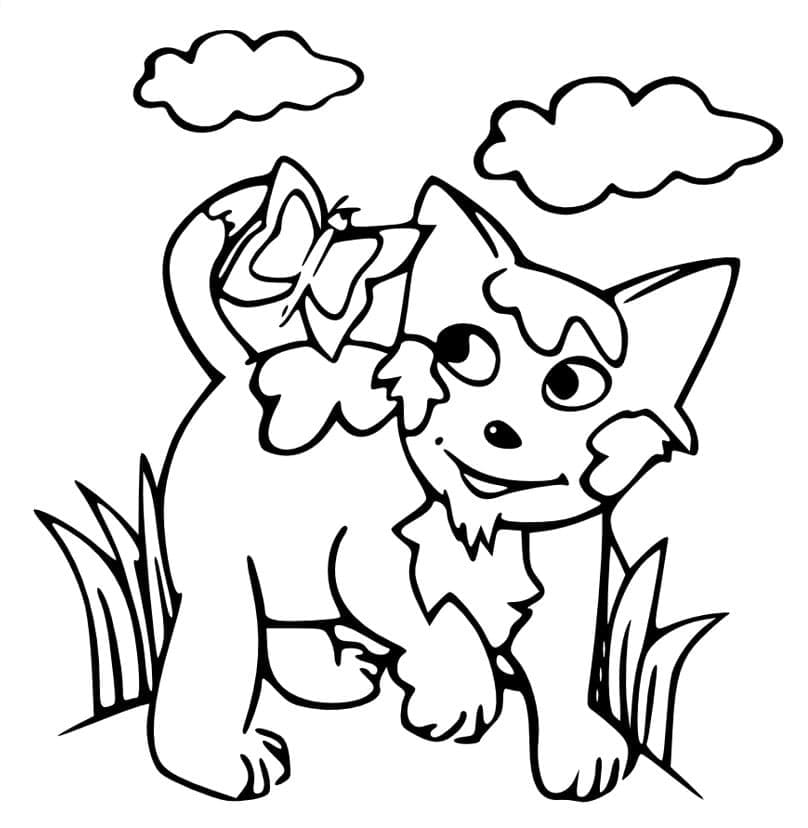 Desenho Gato com Borboleta para Colorir