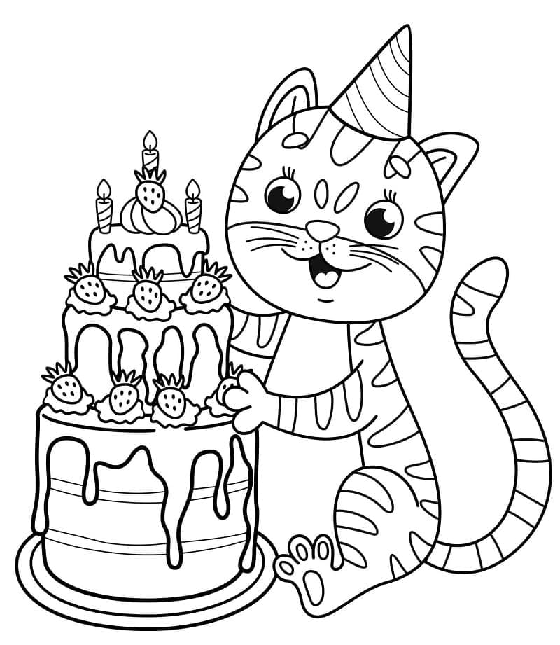 Desenho Gato e Bolo de Aniversário para Colorir