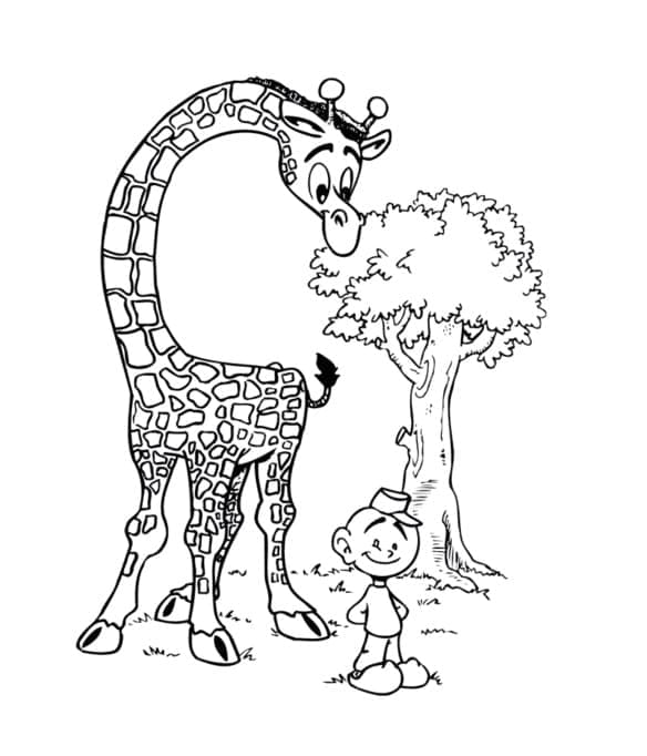 Desenho de Girafa e Menino para Colorir