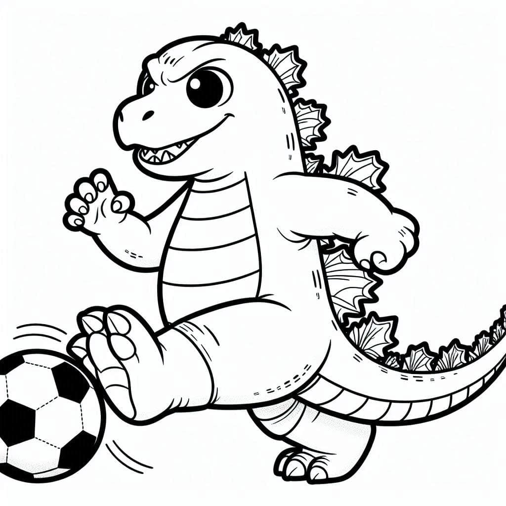 Desenho de Godzilla Fofo Jogando Futebol para Colorir