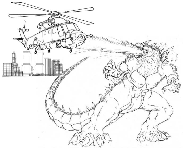 Desenho de Godzilla Atacando Helicóptero para Colorir