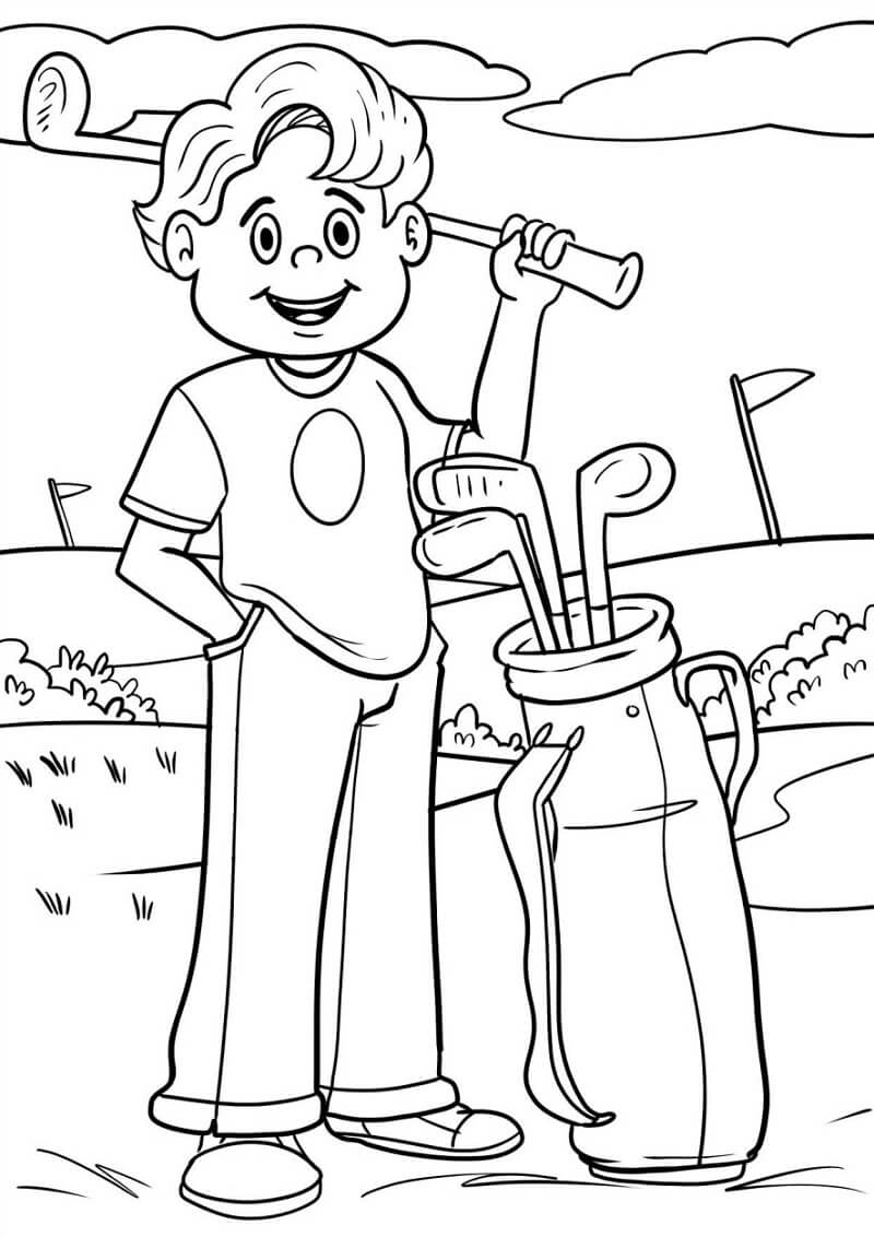 Desenho de Jovem Jogando Golfe em Lindo Campo para Colorir