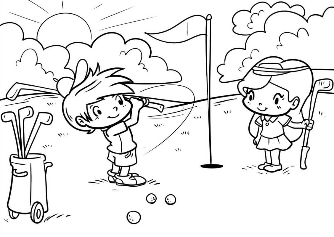 Desenho de Menino e Menina Jogando Golfe para Colorir