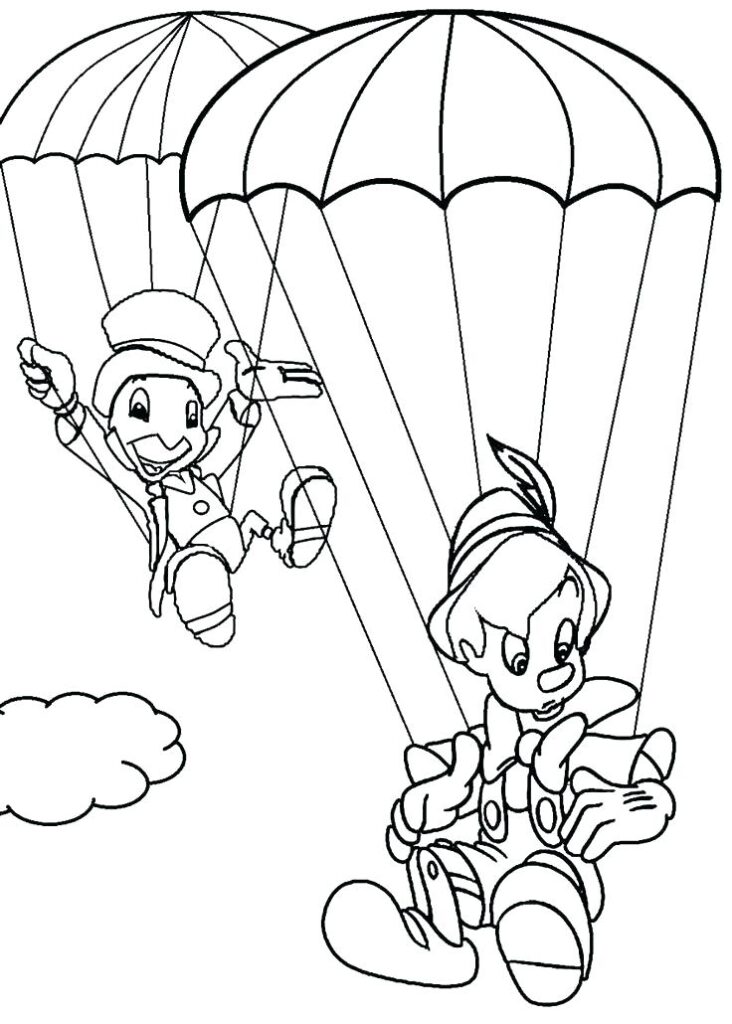 Desenho de Grilo Falando e Pinoquio de Paraquedas para Colorir