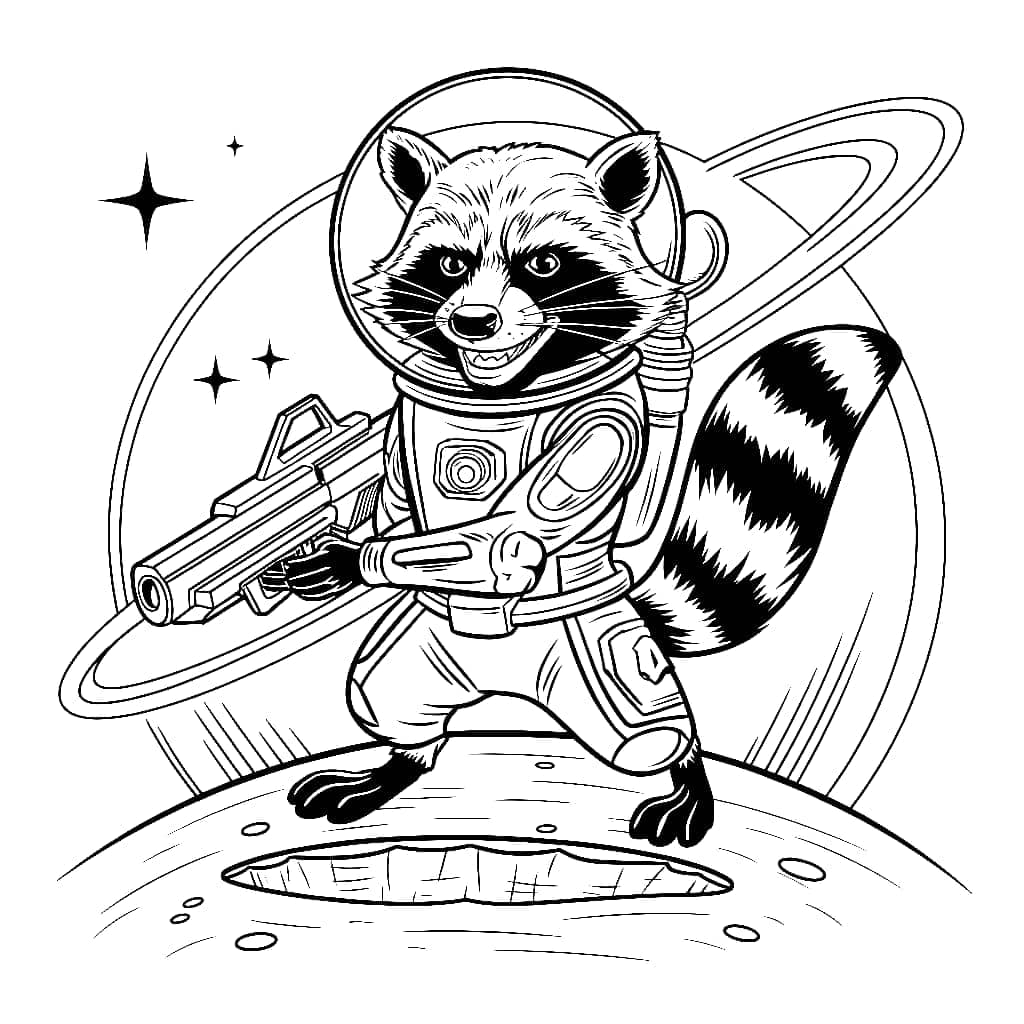 Desenho de Rocket Raccoon no Espaço para Colorir