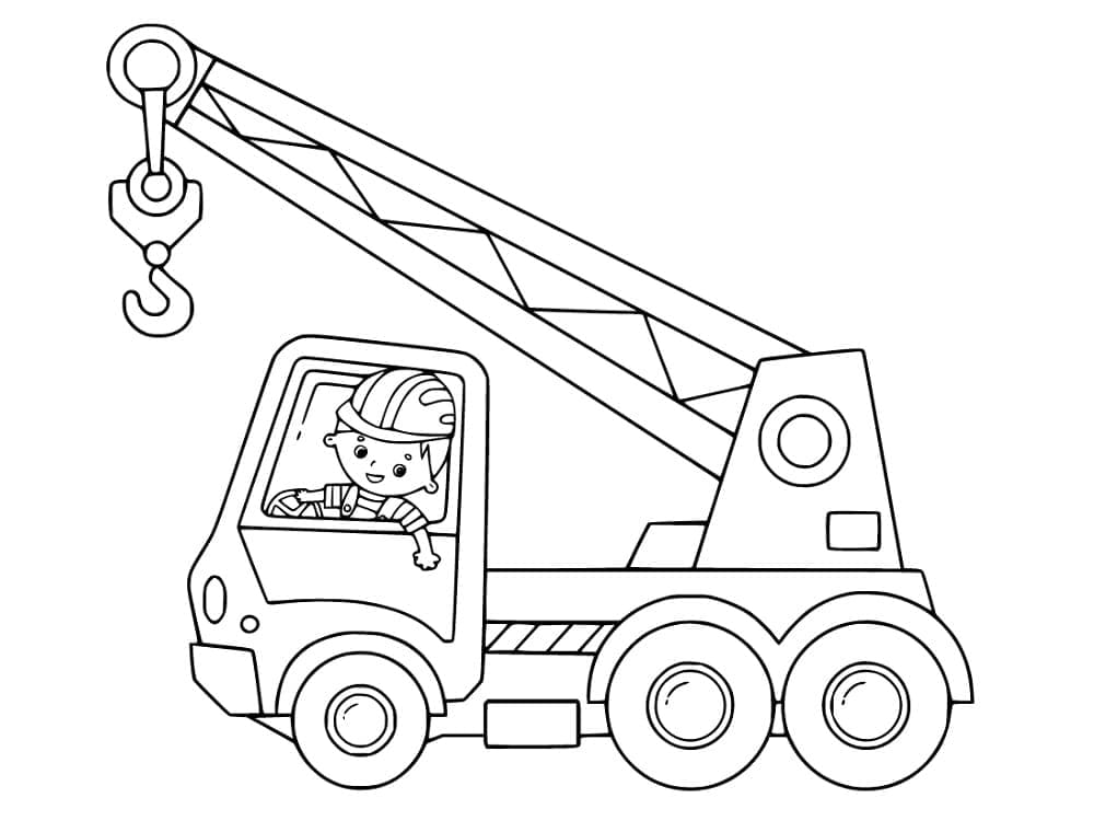 Desenho de Menino no Caminhão Guindaste para Colorir
