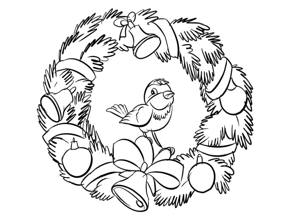 Desenho de Guirlanda de Natal com Pássaro para Colorir
