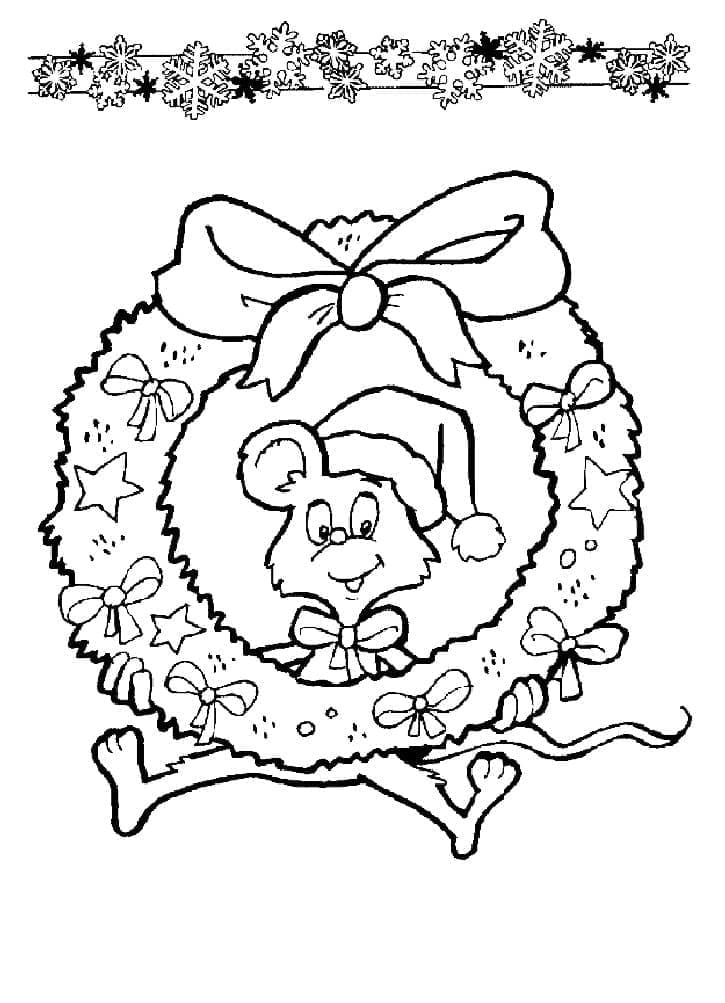 Desenho de Guirlanda de Natal com Rato para Colorir