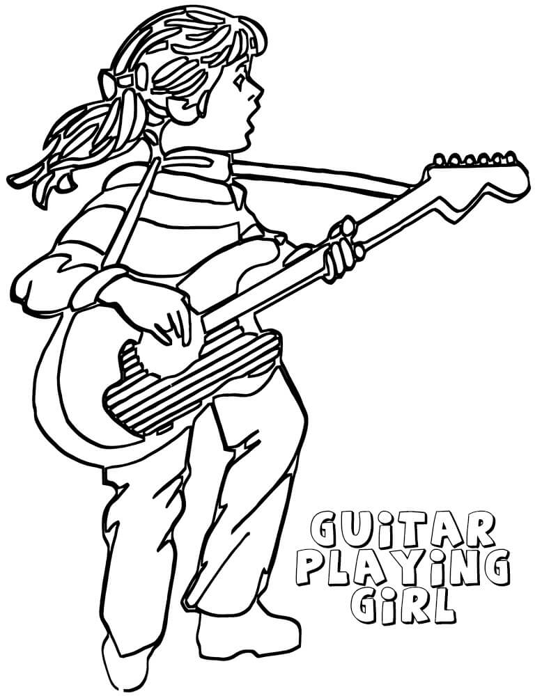 Desenho Imprimivel de Menina Tocando Guitarra para Colorir