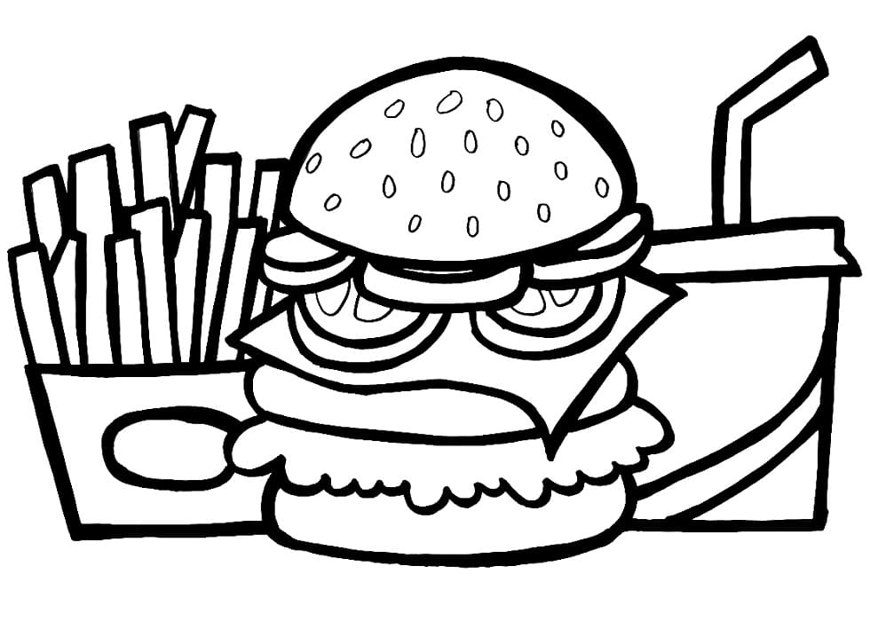 Desenho de Comobo Hamburguer Batata e Refrigerante Grande para Colorir 2
