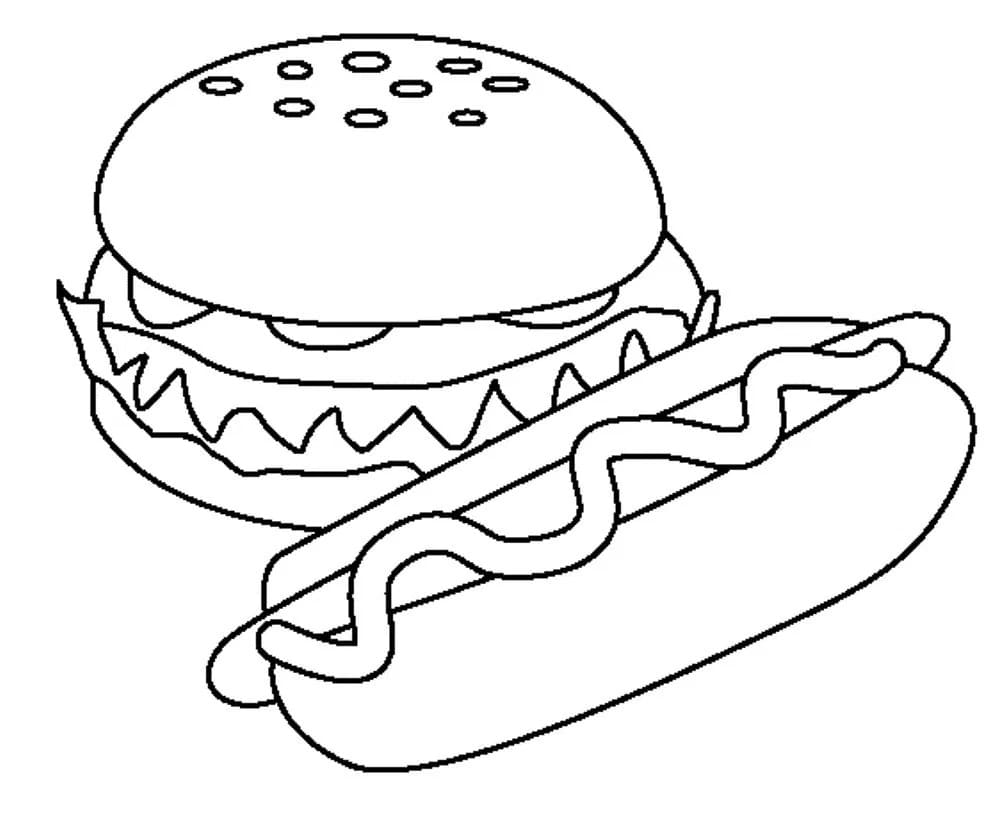 Desenho Imprimivel de Hamburguer e Cachorro Quente para Colorir