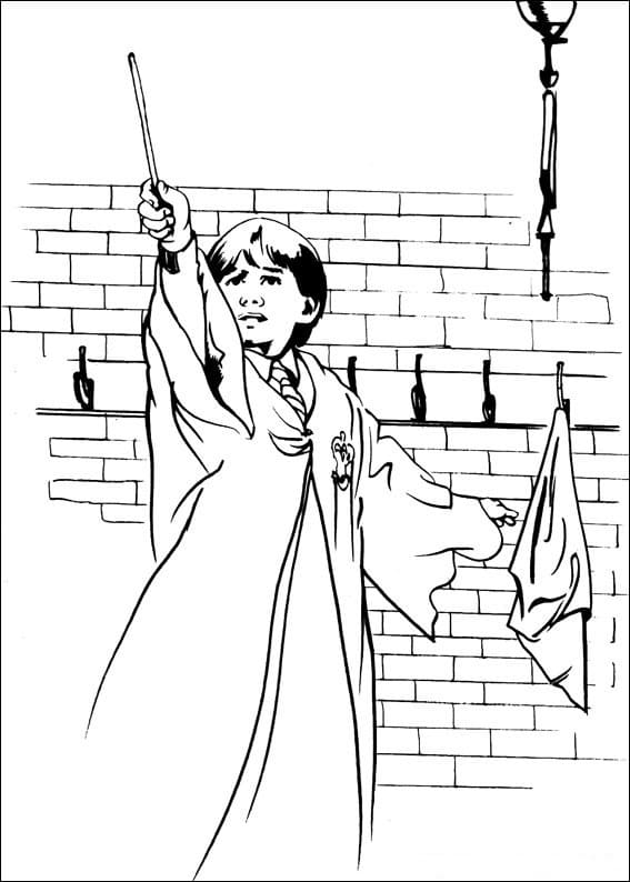 Desenho de Ron Weasley com Varinha para Colorir