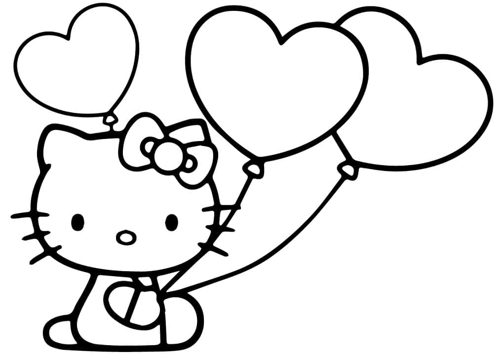 Desenho da Hello Kitty e Balões de Coração para Colorir
