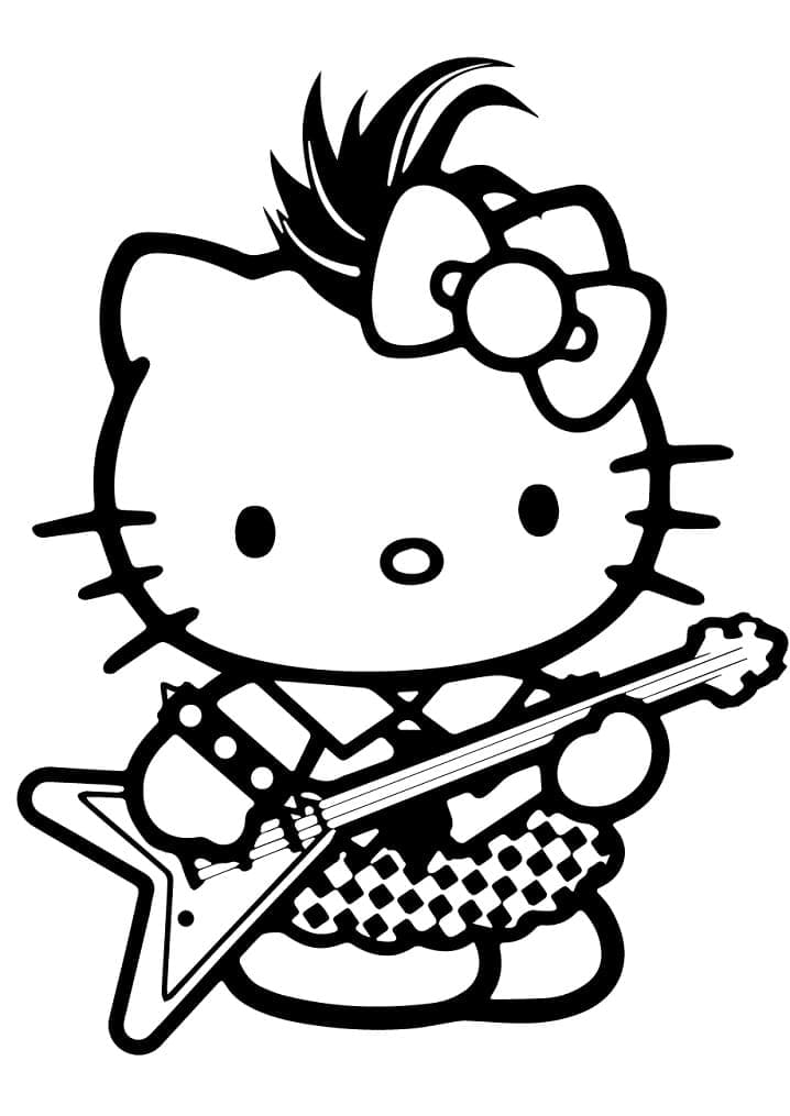Desenho da Hello Kitty Tocando Guitarra para Colorir
