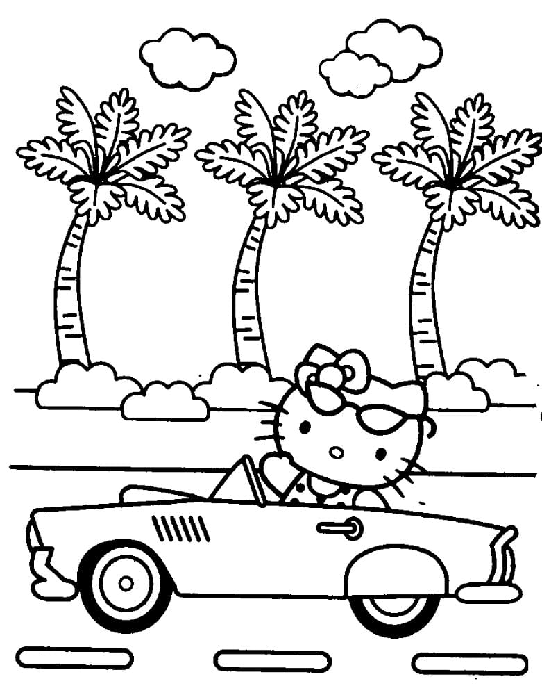 Desenho de Hello Kitty Dirigindo um Carro para Colorir