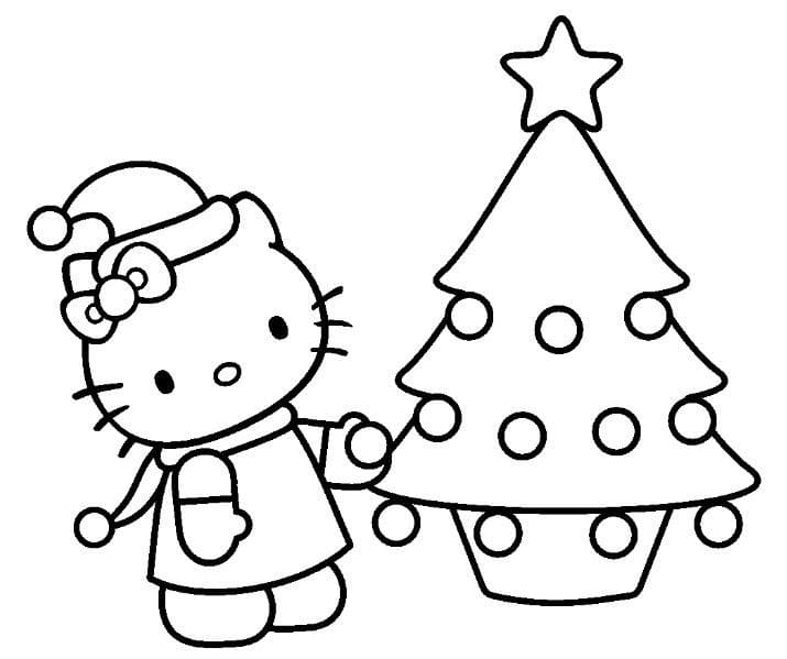 Desenho de Hello Kitty e Árvore de Natal para Colorir