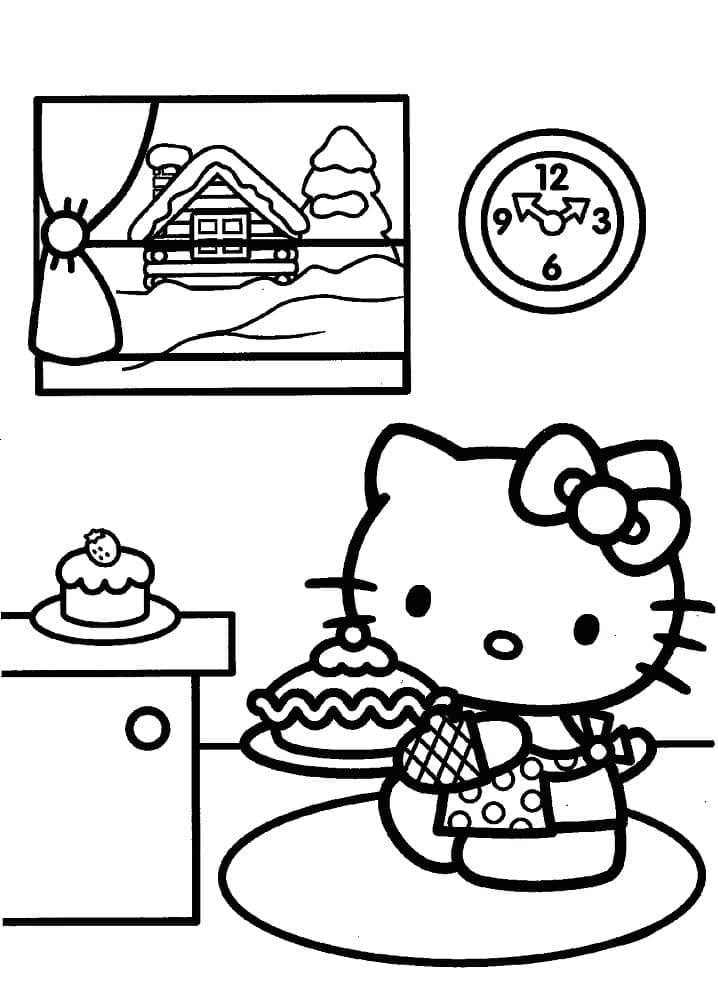 Desenho Hello Kitty com Bolo para Colorir