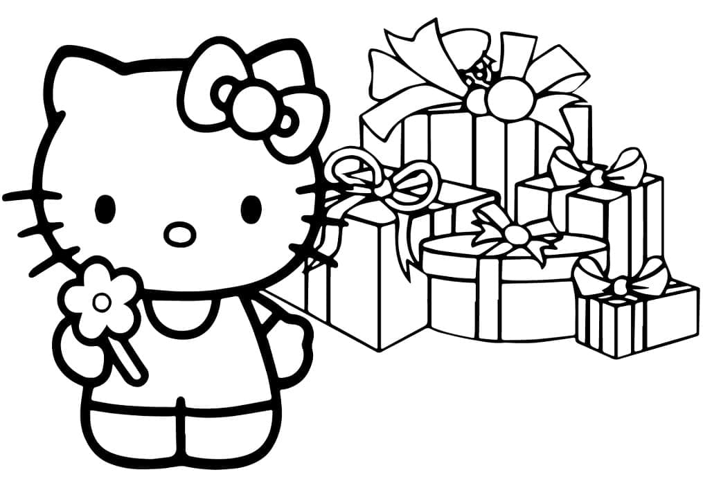 Desenho Hello Kitty com Presentes para Colorir