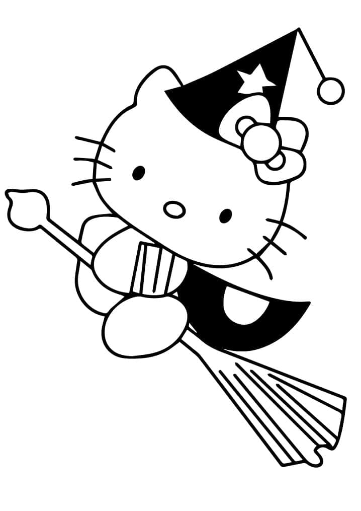 Desenho Hello Kitty na Vassourá para Colorir