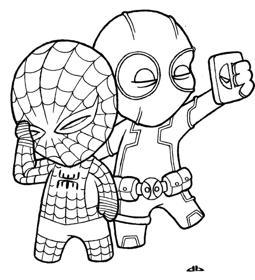 Desenho Chibi do Homem Aranha e Deadpool para Colorir