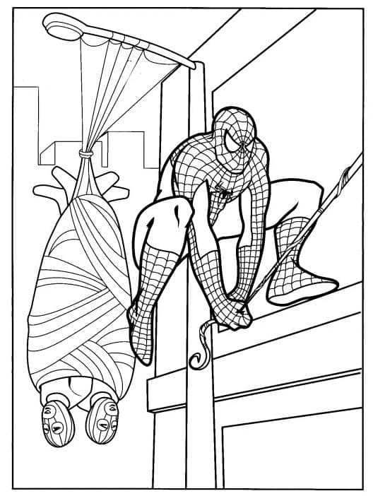 Desenho de Homem Aranha Está Pegando Ladrões para Colorir